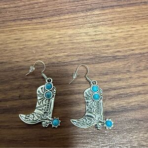 NWOT Silver-tone & Faux Turquoise Cowboy Boot Earrings.